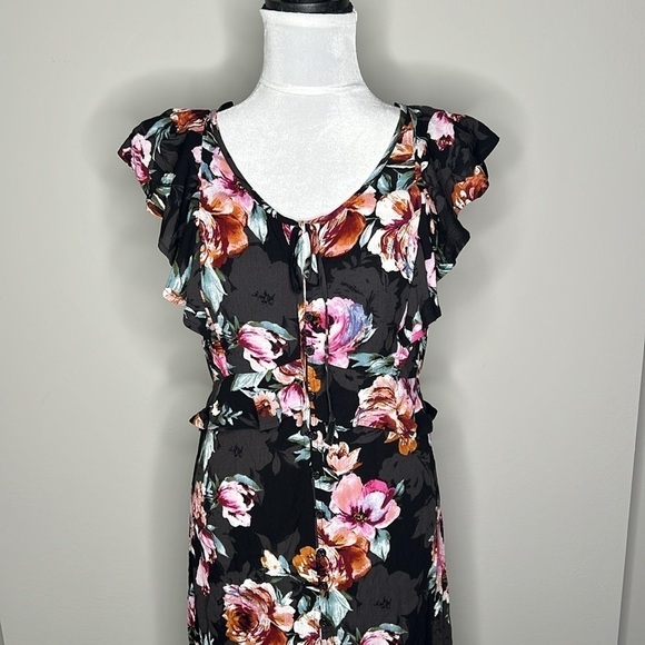 Band of Gypsies (B.O.G.) Dark Multicolored V-Neck Floral Midi Dress Size Medium - Picture 3 of 11
